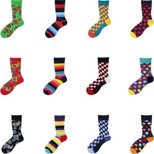 Men Socks Colorful Wave Point Diamond Lattice Stripe Happy Harajuku Hip Hop Skate Street Style Fashion Funny Male Cotton Socks