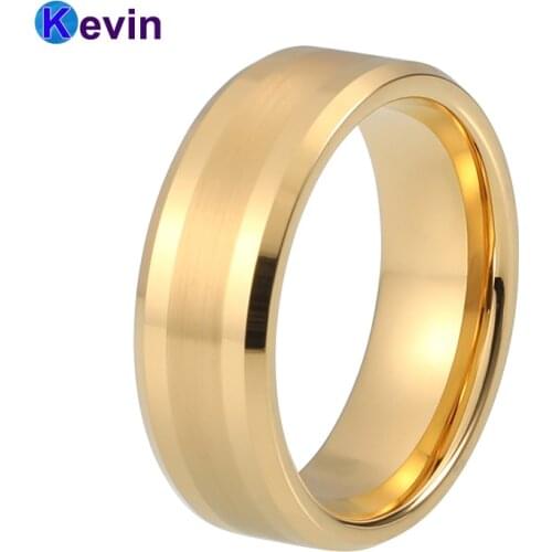Yellow Gold Wedding Ring Men Women Tungsten Ring With Center Brushed Polished Beveled Edges Comfort Fit