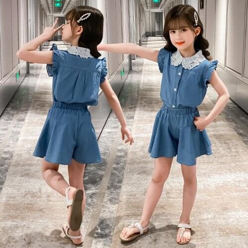 Girls Clothes 2021 Summer Fashion lace Collar Shirts + Shorts Suits Denim Kids Outfits School Girls Clothing Set 6 8 10 12 Yrs