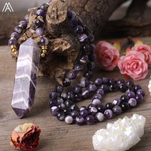 Natural Dream Amethysts Quartz Double Point Pendant 8mm Round Amethysts Quartz Crystal Beads Knot Handmade Necklace For Women