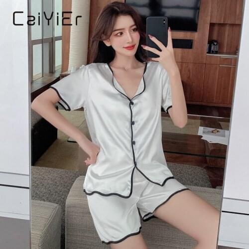 CAIYIER Silk Women Pajamas Suit Summer Sexy Pure Color Turn-down Collar Short Sleeve Sleepwear Butterfly Ice Silk Nightwear 2Pcs
