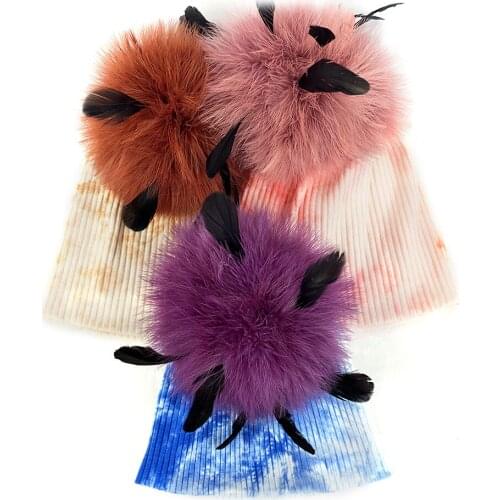 Autumn and Winter Toddler Hat Kids Child Ribbed Tie Dye Hat Solid Soft Cotton Baby Boys Girls Beanie Ostrich Fur Pompom Caps