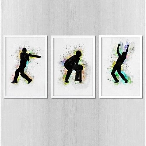 Cricket sport posters Watercolor wall art decor Set of three prints Valentines gift