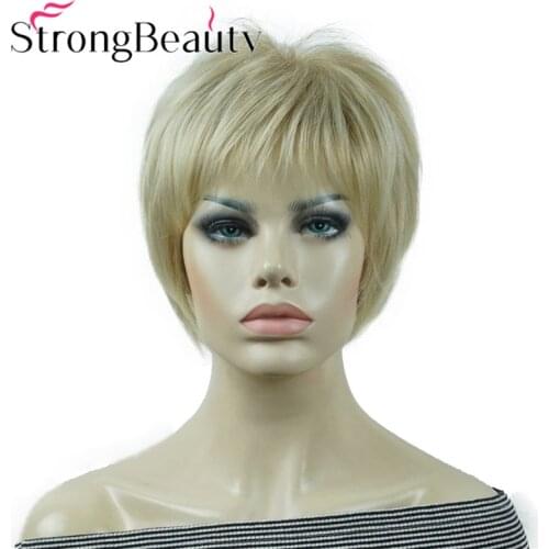 StrongBeauty Short Straight Wigs Soft Hair Layered Shag Ombre Blonde/Red Synthetic Wig