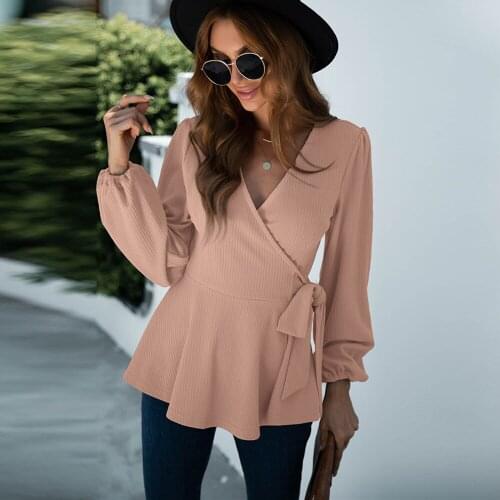 Sexy V Neck Lace Up Slim T-shirt Women New Autumn Winter Casual Solid Color Soft Lantern Sleeve Knit Pullover Ruffle Ladies Tops