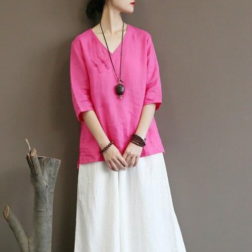 Johnature Women Vintage Shirts And Blouses 2021 Summer Solid Color Half Sleeve V-Neck Loose Pullover 3 Colors Vintage Ramie Tops