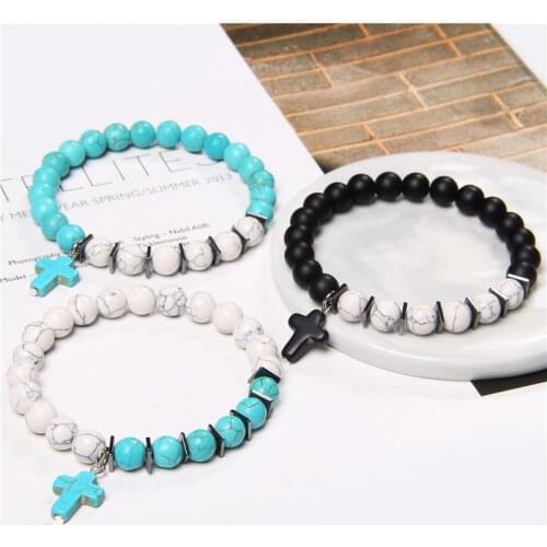 Natural Stone Cross Bracelet Faith Blue Turquoises Beads Lucky Bracelet for Women Men Prayer Fitness Couple Yoga Jewelry Gifts