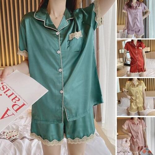 Ice Silk Pajamas for Women Pajama Sets Sexy Lace Summer Short Sleeve Shorts Pyjamas Lady Solid Color Casual Womens Home Clothes