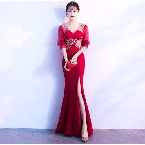 Red Floral Applliques V Neck Transparent Lantern Sleeve Elegant Sexy Party Club Dress Women Formal Special Occasion Long Dresses