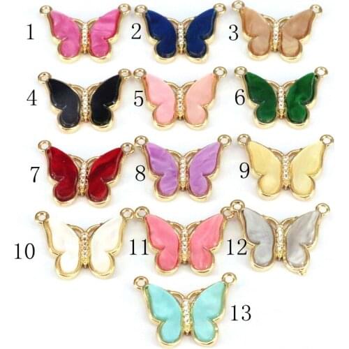 10Pcs, Blue, Pink Yellow Butterfly Acrylic Pewter Charms, Gold Color Micro Pave CZ Crystal Butterflies Pendant, Necklace