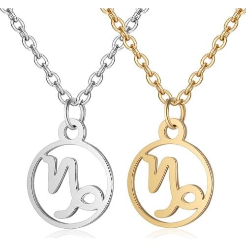 2pcs Capricorn Stainless Steel Constellation Pendant Necklace Round Coin Zodiac Sign Statement Silver Gold Necklace For Women