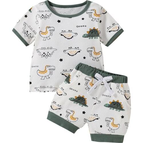 2021 Children Dinosaur Print Clothes Set, Short Sleeve O-neck Ribbed T-shirt + Elastic Waist Shorts with Bow-knot 1-5T