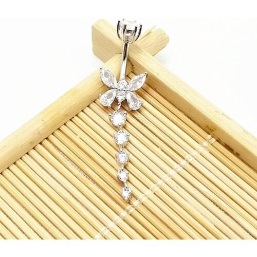 925 Sterling silver Butterfly Shape belly button rings 14G navel piercing jewelry women CZ tassel body bar jewelry