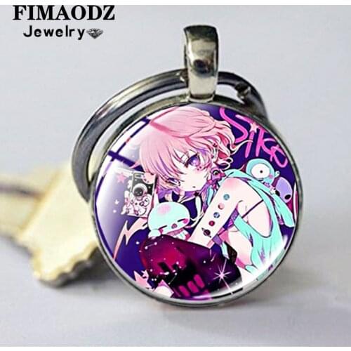 FIMAODZ Future Diary Keychain Mirai Nikki Gasai Yuno Cartoon Pattern Anime Figure Print Glass Pendant Key Chain Ring for Fans