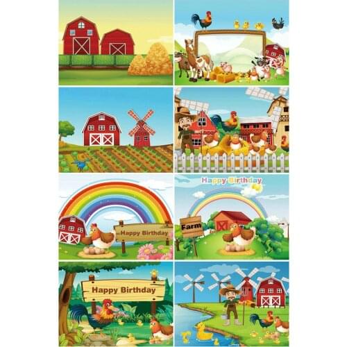 Cartoon Farm Animals Background Painting Rainbow Windmill Barn Photography Background Baby Shower Party Decoration Custom Text