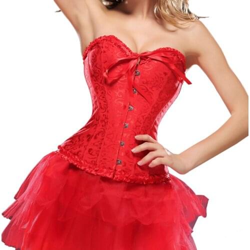 Steel Bone Corset Red Women Lace Bustier Tops Womens Sexy Satin Boned Lace Up Overbust Plus Size Corsets Bustier