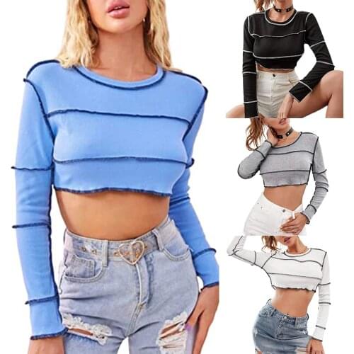 Fashion Casual Women Tee Spring Summer Sexy Patchwork Crop Tops Color Block Long Sleeve Crew Neck T Shirt Pullovers Tunic 2021