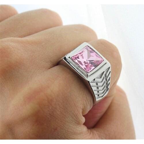 Fashion Pink Cubic Zirconia Silver color Mens Womens 316L Stainless Steel Wedding Ring