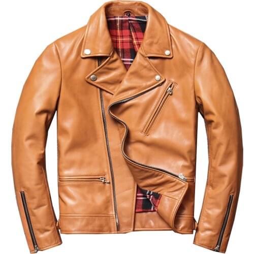 Fashion Oblique Zipper Leather Jacket Mens Genuine Leather Youth Cowhide Motorcycle Jacket Spring and Autumn Jacket