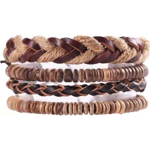 1pcs MenS Retro Style Leather Woven Bracelet Coconut Shell Beads Multilayer Wide Wrap Jewelry Bracelet Ethnic Tribal Wristbands