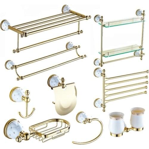 Crystal Brass Gold Bathroom Hardware Sets Wall Mounted Ceramic Base Bathroom Products Diamond Stars Bathroom Accessories Sets