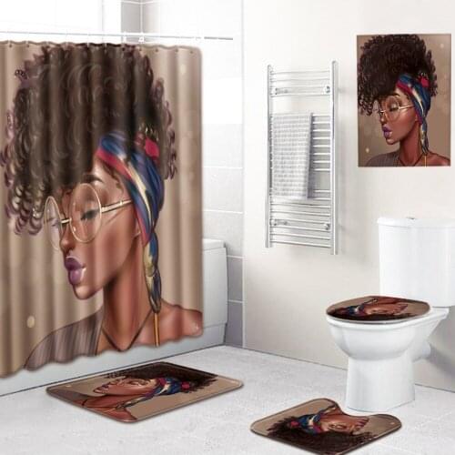 American style black Woman Polyester Shower Curtain Set Non Slip Rugs Carpet for Bathroom Toilet Flannel Bath Mat Set