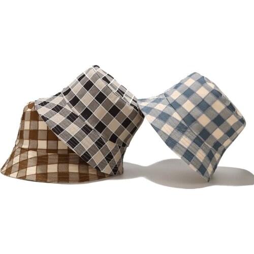 2021 New Japanese Leisure Double-sided Lattice Fishermans Hat Korean Summer Lovely Sunscreen Fishermans Hat Basin Hat