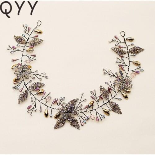 QYY Multicolored Flowers Handmade Crystal Copper Wire Vine Wedding Headband Hair Jewelry Bridal Hair Accessories Princess Tiaras