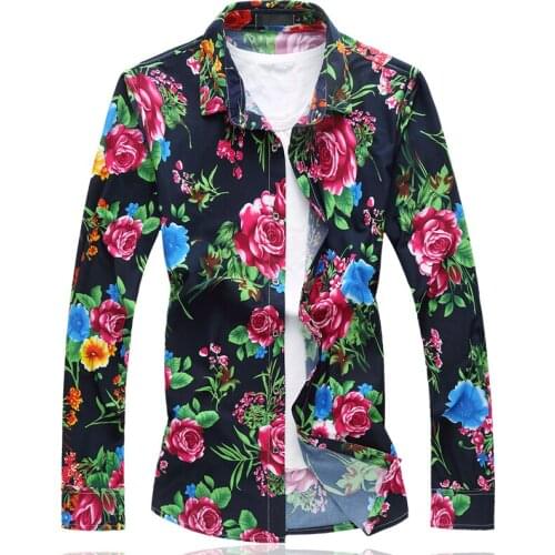 Oversize M-6XL Mens Shirt Long Sleeve Print Shirt men Comfortable Flower Shirts Camisa Social Masculina