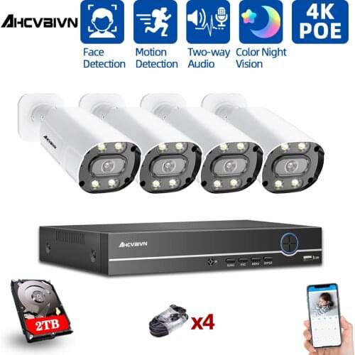 4K CCtv Security Camera Surveillance System Kit 8MP POE 4CH NVR Outdoor Two-way Audio Color Night Vision 5mp Bullet Camera Set