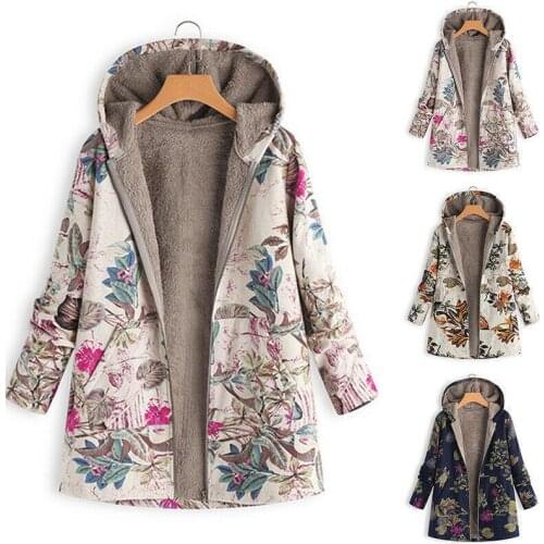 Womens Coat Jacket Plus Velvet Cotton National Wind Print Hooded Warm Coat Fashion Long Sleeve Hood Comfortable Versatile 2020