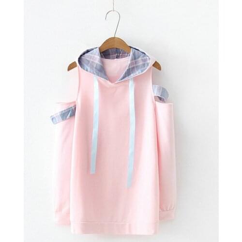2020 Women Harajuku Hoodies Japan Style Solid Color Off-the-shoulder Kawaii Hooded Loose Mid-length Long Sleev Sweatshirts