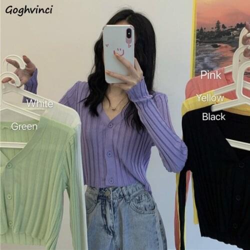 Women Cardigan Knitted Design V-neck Long Sleeve Loose Short Sweaters Candy Color Simple All-match Students Fashion Chic Popular