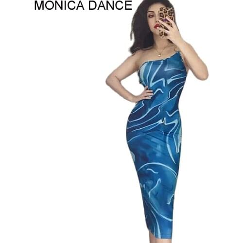 Women Sexy Stage Printing Blue Metal Button One-shoulder Dress Elegant Club Outfits for 2021 Fashion Women Summer Dance Dress