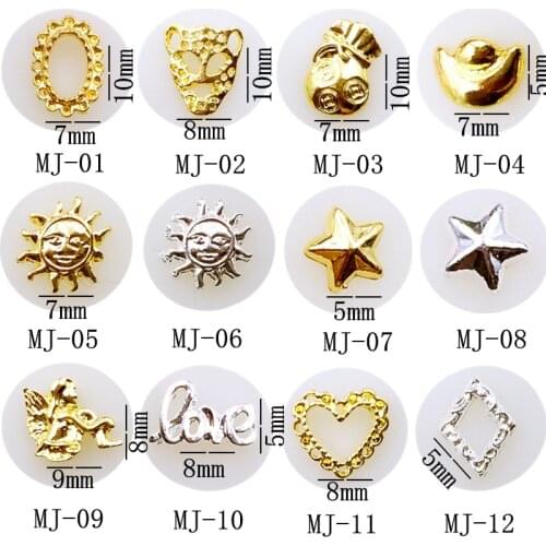 50pcs/pack metal nail art oval tiger purse ingots smile sun star angel letter"love" heart rhombus for 3d jewelry nails sticker decoration art tools