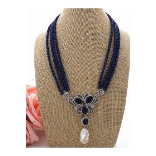 Free shipping 15x26MM 4Strands White Keshi Pearl Blue Jade CZ Necklace Pendant 925 silver