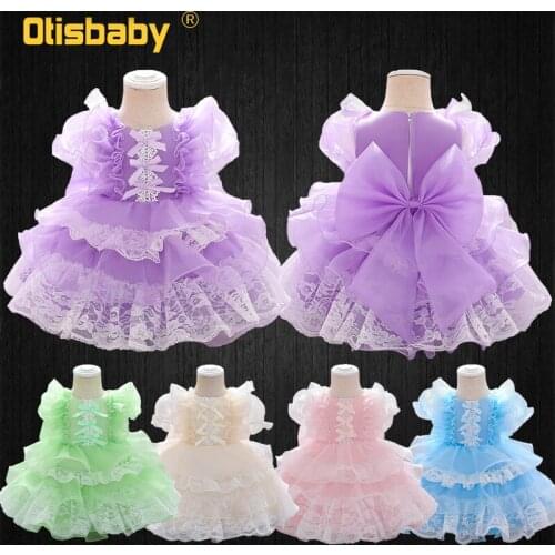 1 - 5 Year Baby Girl Birthday Party Lotus Leaf Lace Flowers Dress with Plus Bow Cute Lolita Kids Infant Gowns Tutu Tiered Skirts