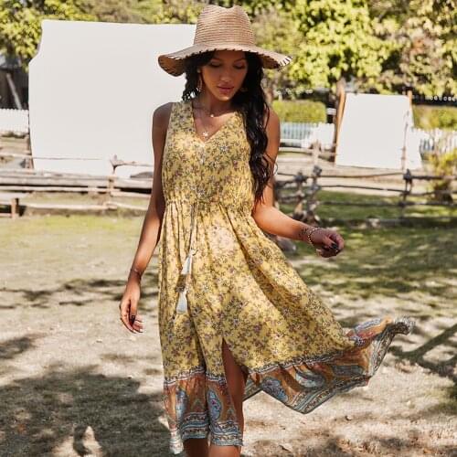 Jastie 2021 Summer Bohemian Casual Women Dress Sexy V-Neck Sleeveless A-Line Floral Print Dress Beach Party Sundress Robe femme
