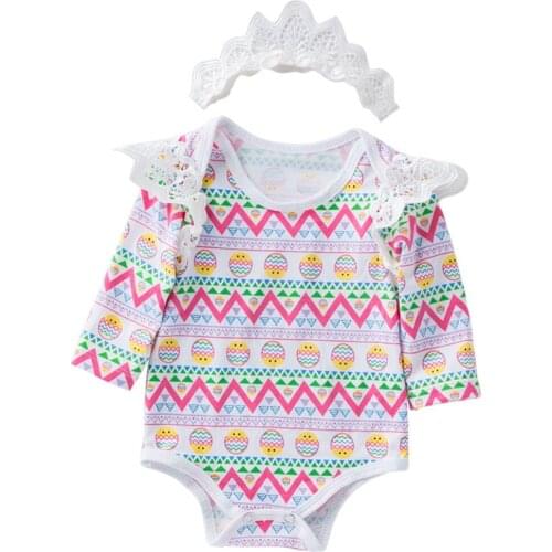 2019 Fashion 2pcs Cute Baby Clothes Set Easter Eggs Romper Lace Long Sleeve Bodysuit Headband Outfit Newborn Baby Girls Clothing