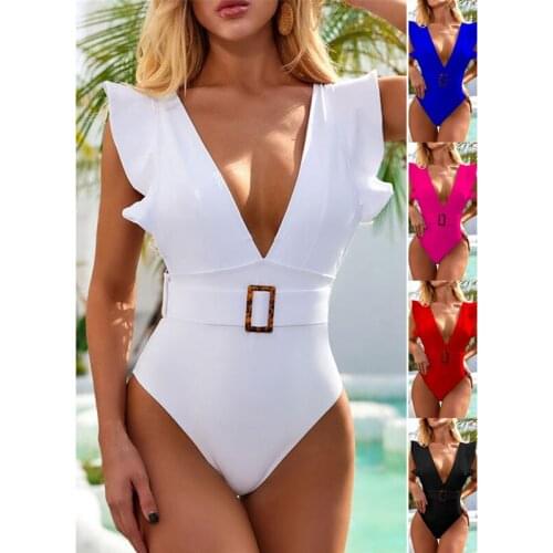 Swimwear Sexy Ruffle Bathing Suits Deep V High Cut Push Up Backless One Piece Swimsuits For Women 2021
