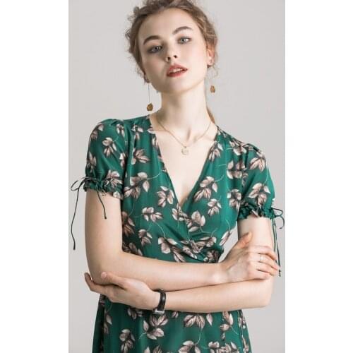 Summer Pure Silk Deep-V Dress 100% Mulberry Silk Women Sexy Print Dresses M L XL FREE SHIPPING