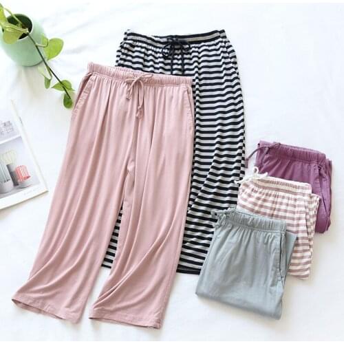 Summer Modal Home Pajama Pants Thin Womens Calf Length Striped Large Size Beach Pants Elastic Waist Sleep Bottoms with Pockets