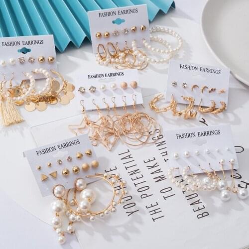 Trendy Pearl luxury Earrings For Women Geometric Gold Metal Set Of Earrings Fashion Dangle Drop Earrings 2021 Female Jewelry Set