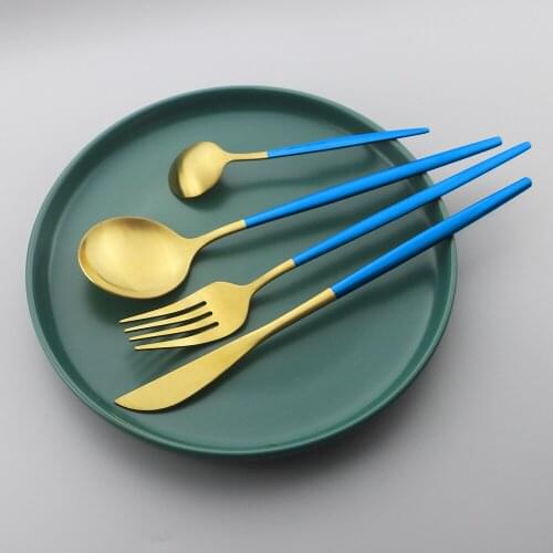 4Set Blue Gold Dinnerware Set Stainless Steel Cutlery Home Fork Spoon Knife Dinner Set Silverware Flatware Set Dropshipping