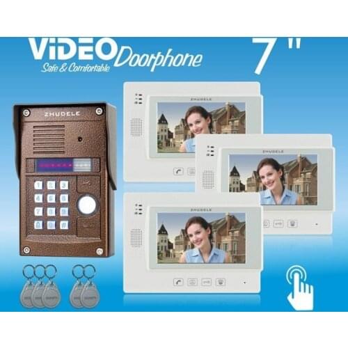 ZHUDELE New 7"color video door phone,CCD camera with ID CARD AND PASSWORD UNLOCK ,touch screen can connect CCTV camera ,1 to 3