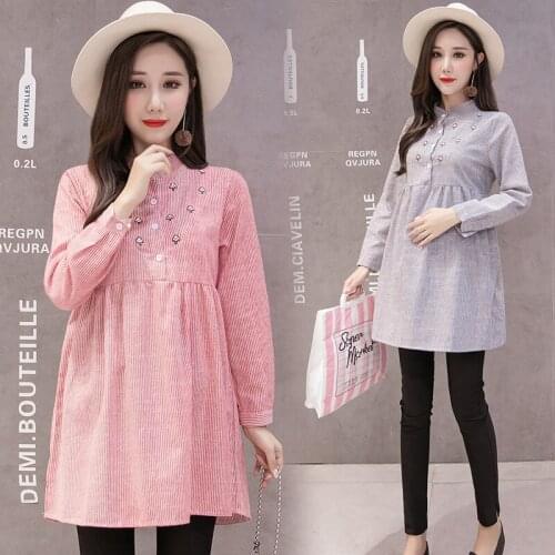 Autumn Maternity Dresses For Pregnant Women Blouses Shirts Tops Clothes Striped Long Sleeve Pregnancy Dresses Maternity Clothing