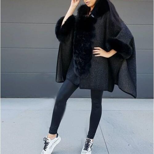 Real fox fur woolen shawl coat plus size oversized with hood with fur collar cuffs cape hoodie kimono hoody wrap 2020
