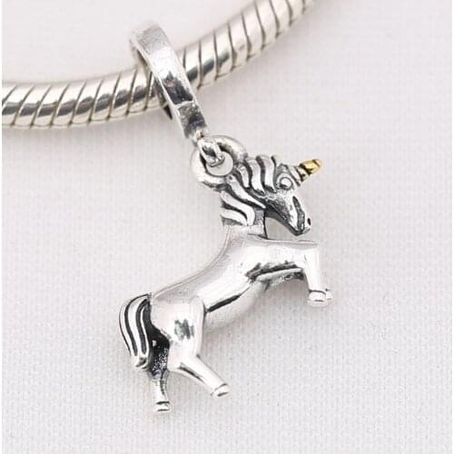 S925 Silver Pendant DIY Jewelry Unicorn & Gold Color Dangle Charm fit Lady Bracelet Bangle Girl Gift