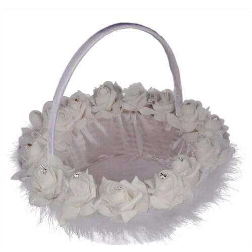 Wedding Flower Basket Romantic White Satin PEARL Flower Girl Basket Bride Feather Flower Girl Basket Wedding Banquet Decoration