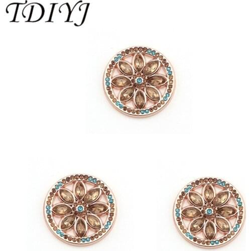 TDIYJ New Rose Gold Large Flower Coin Disc with Blue Champagne Crystals for Coin Holder Pendant Necklace for Women
